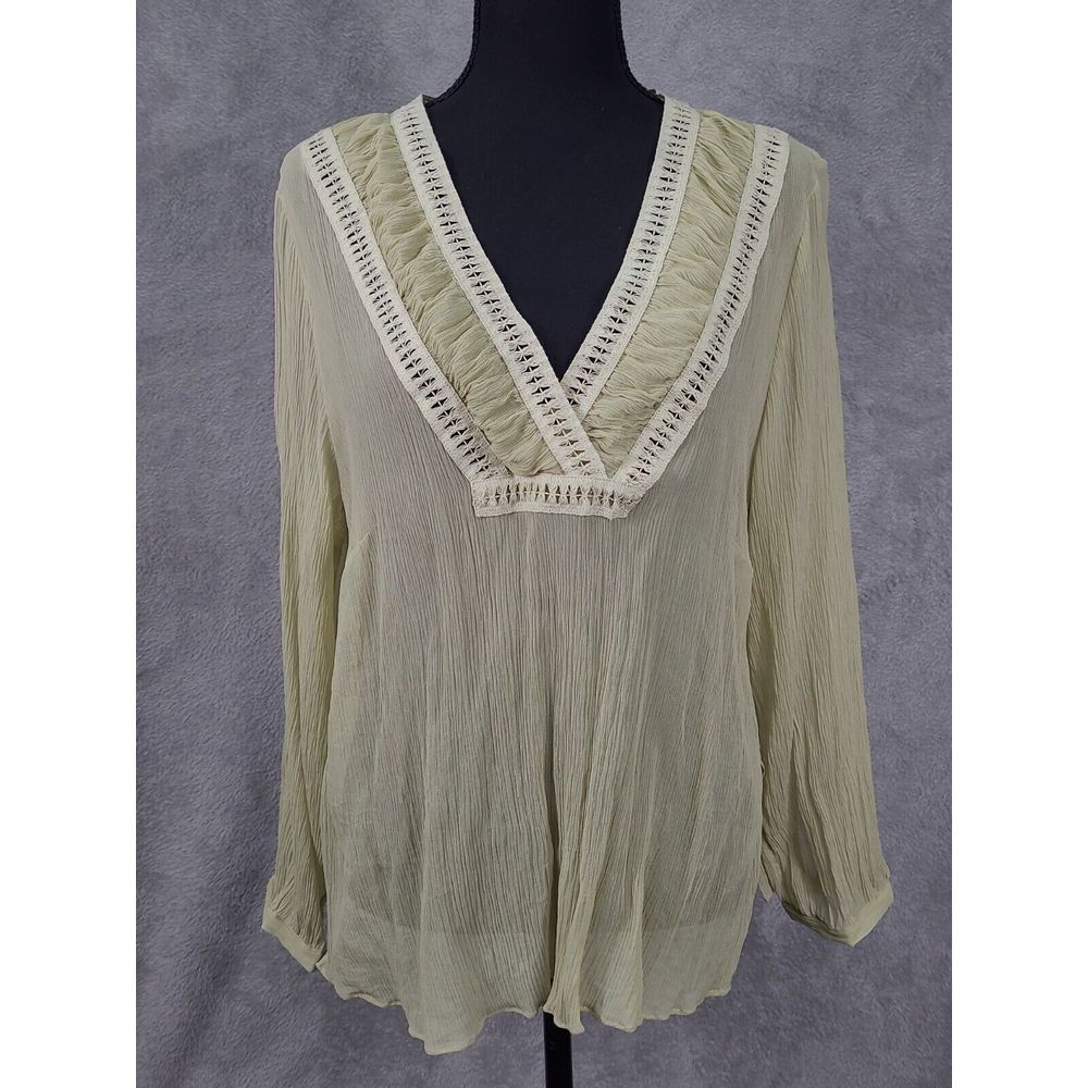 Lane Bryant 100% Silk Sheer Tunic Sz 18/20 Green Crochet Long Sleeve Fairycore